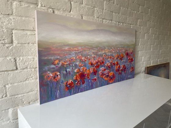 "Field of red poppies". Scenery. Flowers. Original oil painting