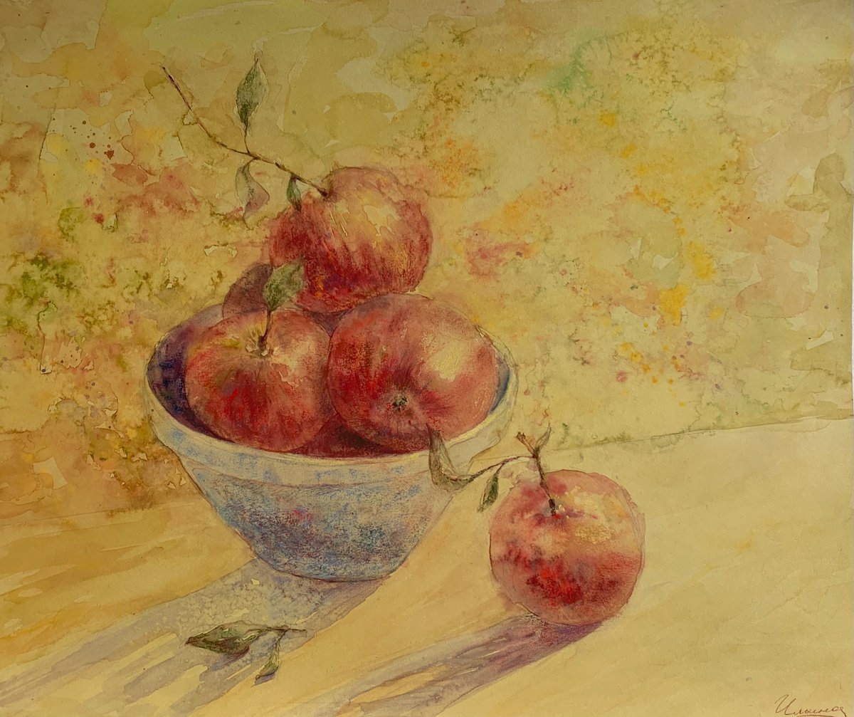 Summer Apples- Pastel and watercolor drawing on paper, spring, original gift, ginger, dining room , nature, red, yellow color, interior, design in kitchen, gold color