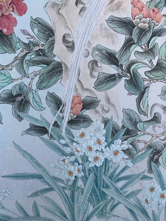 Zen In The Blossoms, Original Gongbi Brush Painting