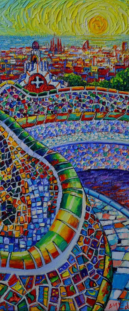 BARCELONA PARK GUELL SUNRISE modern impressionist textural impasto palette knife oil painting abstract stylized cities by Ana Maria Edulescu by ANA MARIA EDULESCU