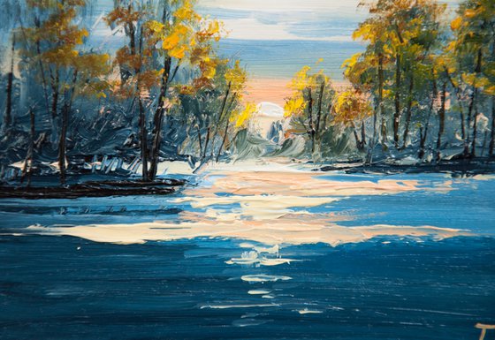 River landscape. Oil painting. Original Art. 6 x 6 in.