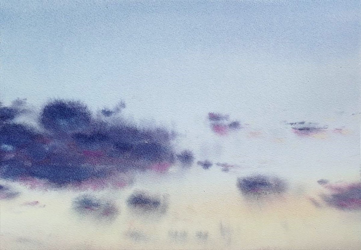 Abstract Landscape Watercolour By Alona Hryn, 13 X 9, One More Sunset To Remember, Original Artwork