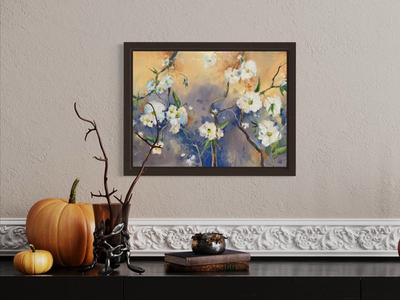 Apricot tree blooming - original oil painting