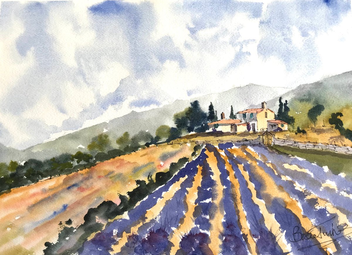 Impressionistic Landscape Watercolour By Brian Tucker, 14 X 10, Lavender In Provence, Original Artwork