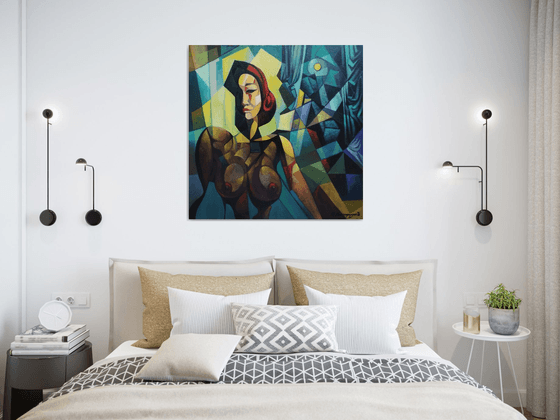 Midnight (80x80cm, cubism, oil painting, ready to hang)