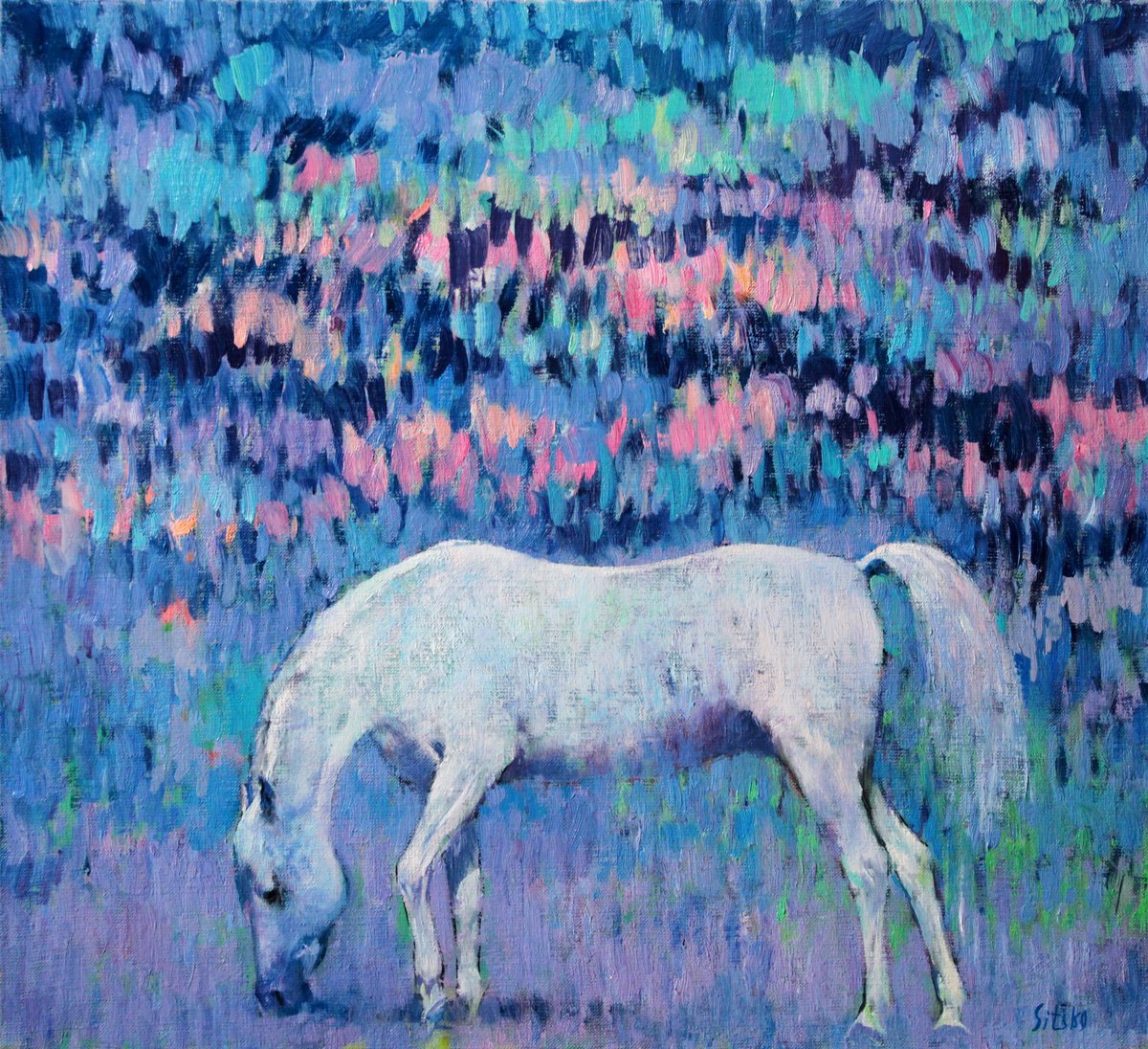 Impressionistic Animal Oil Painting By Andrei Sitsko, 23 X 21, The Blue Symphony, Original Artwork
