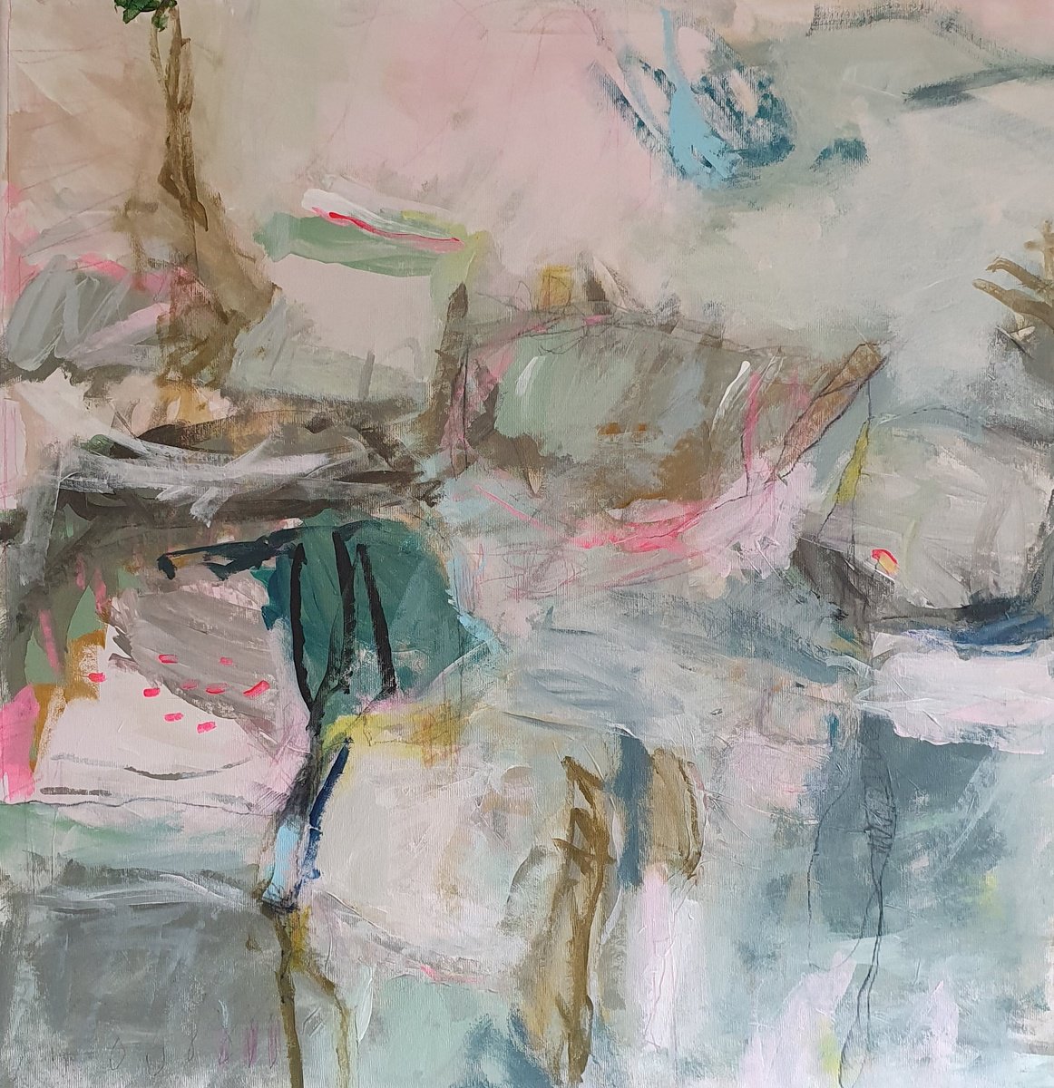 Organic Abstract Acrylic Painting By Jutta Widrinsky, 30 X 30", Liebeslied 2 (Love Song 2), Original Artwork