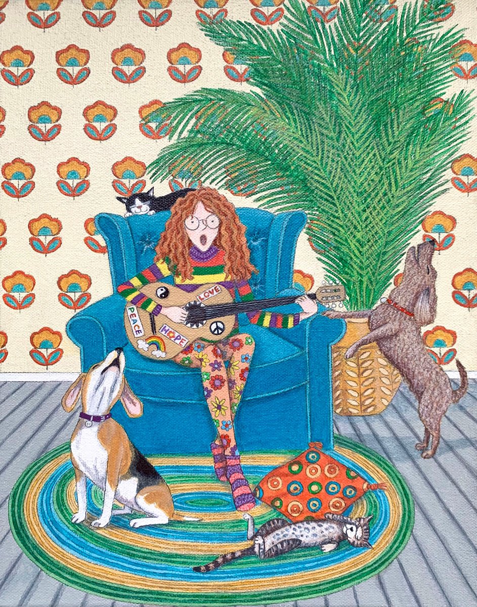 Naive Animal Acrylic Painting By Lisa Davies, 11 X 13", Family Singalong, Original Artwork