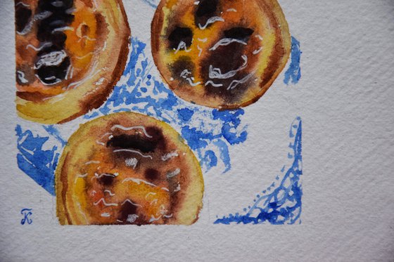 Watercolor painting Portuguese food, Lisbon cake original painting, Pastel de Nata art, kitchen wall art