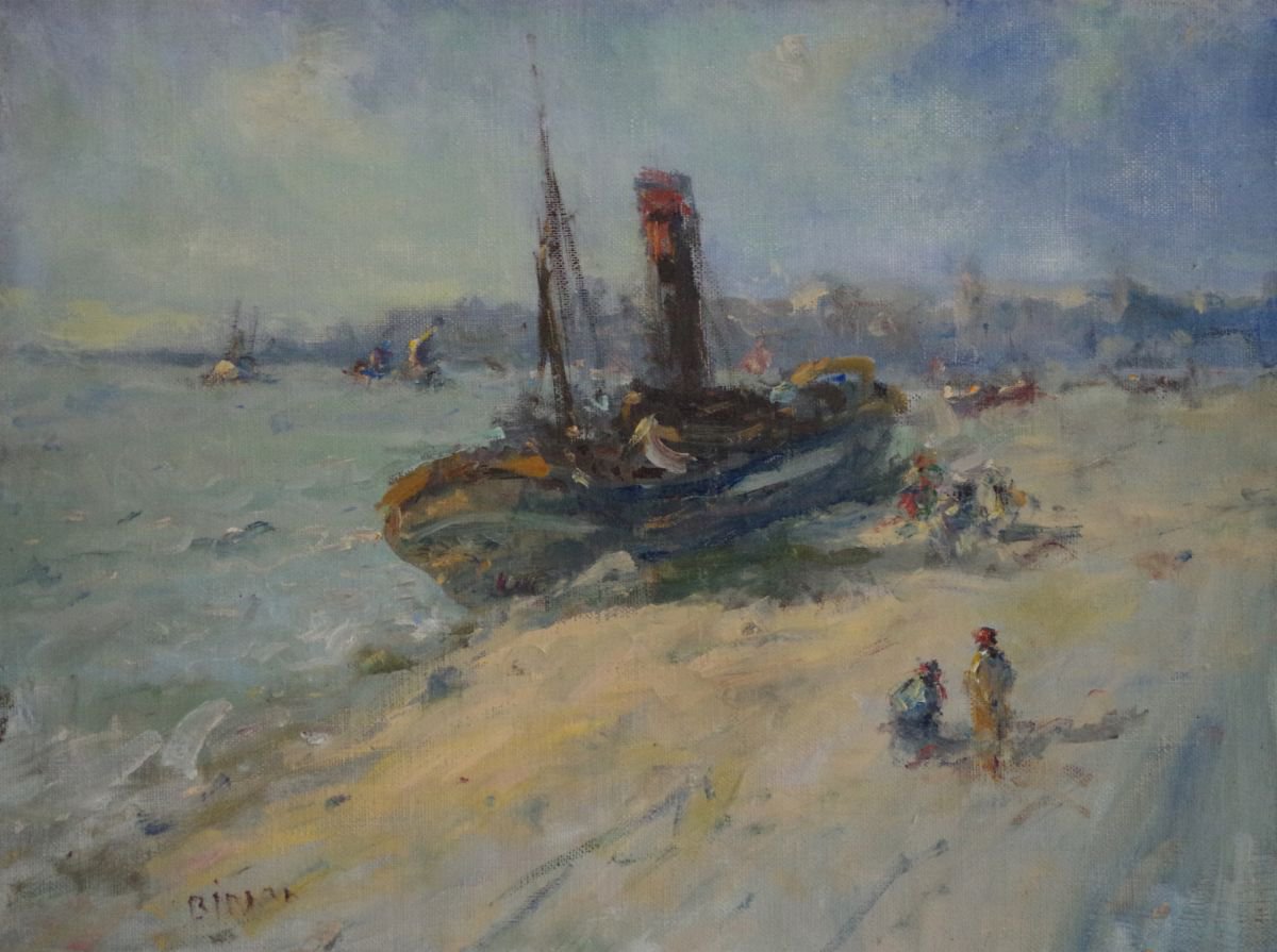 Harbor, Seascape Original oil Painting, Antique Style, Handmade art, Impressionism, Tonal... by Karen Darbinyan