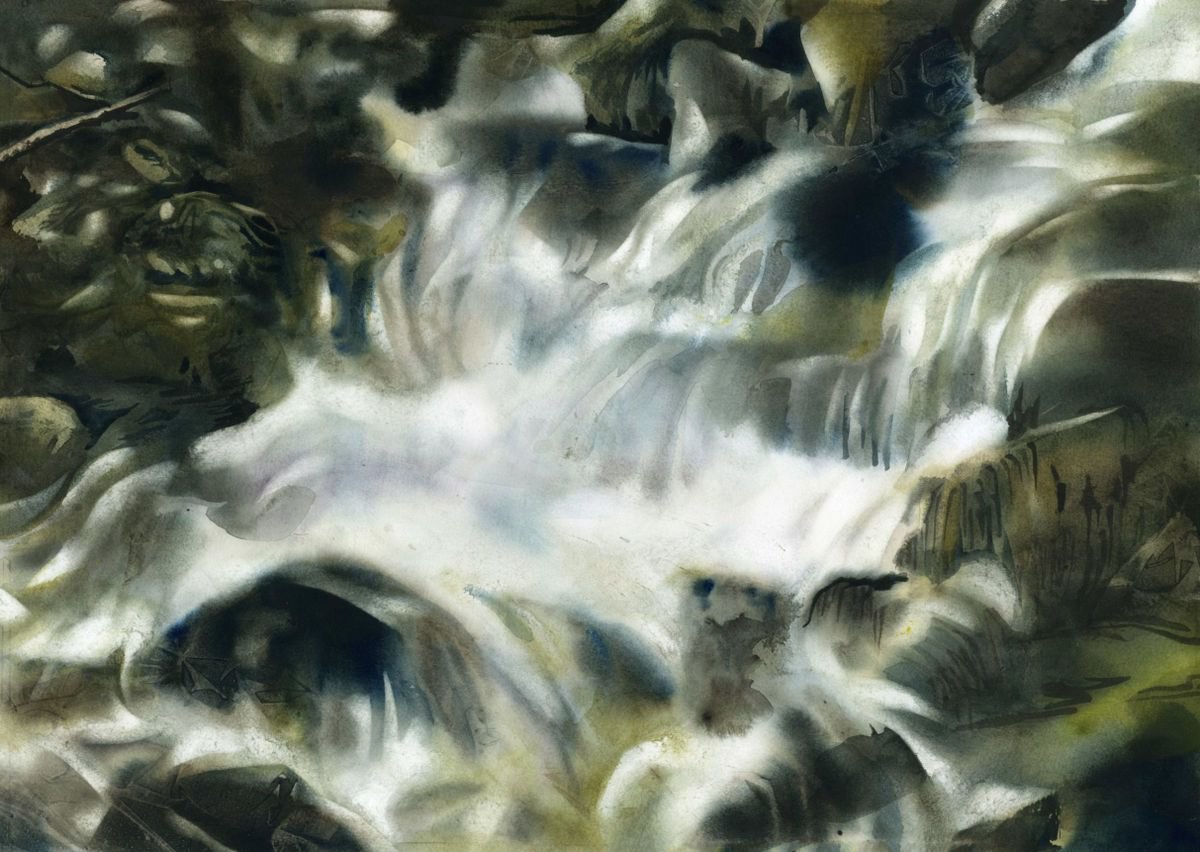 Impressionistic Landscape Watercolour By Alfred Ng, 21 X 15, Waterfalls In Watercolor, Original Artwork