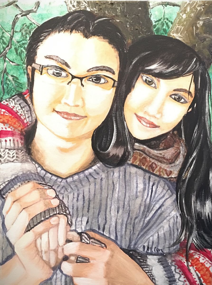 Naive Portrait Acrylic Painting By Hsin Lin, 12 X 16, Hold Hands, Original Artwork