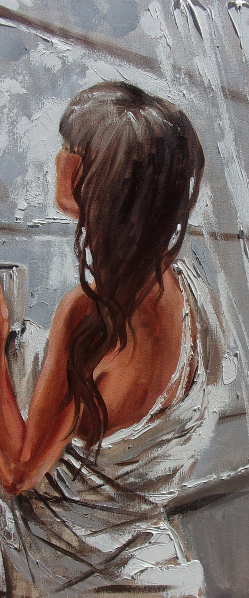 " EVENING COFFEE ... "- For K.  liGHt  ORIGINAL OIL PAINTING, GIFT, PALETTE KNIFE nude by Monika Luniak