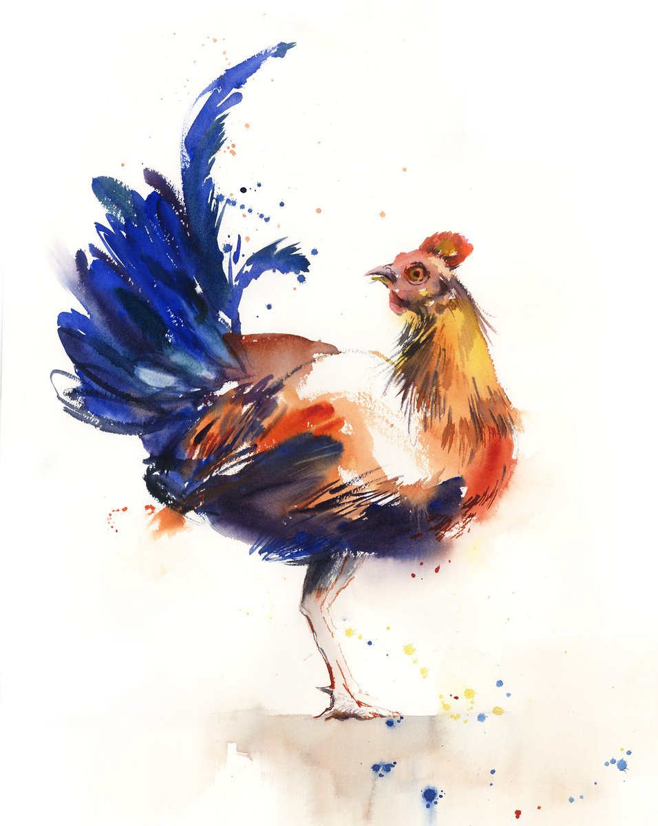 Impressionistic Animal Watercolour By Sophie Rodionov, 18 X 24", Blue Rooster, Original Artwork