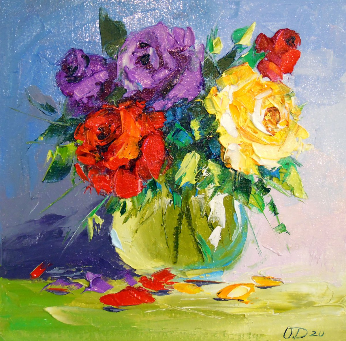 Impressionistic Botanical Oil Painting By Olha Darchuk, 12 X 12", Bright Bouquet Of Roses, Original Artwork
