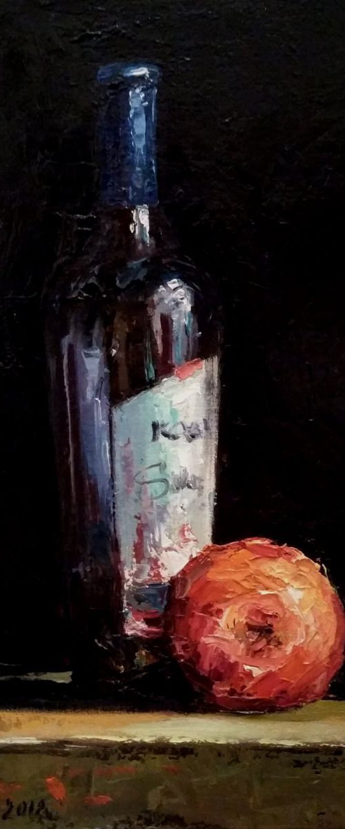 Still life with a bottle of wine and an apple. by Andrej  Ostapchuk