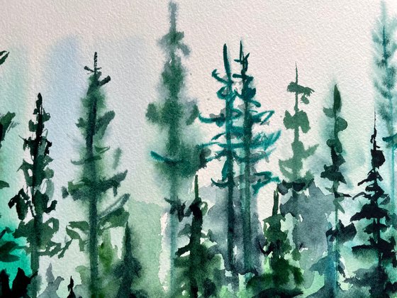 Pine Tree Art, Original Watercolor Painting, Forest Artwork, Mountain Wall Art, Christmas Gift