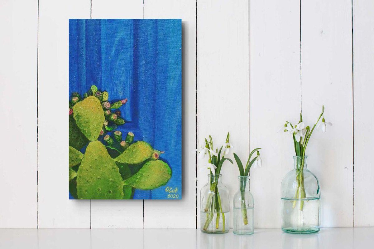 Cactus in Sicilian Blue. 20x30 cm. Cactus in blu siciliano by Oksana Siciliana