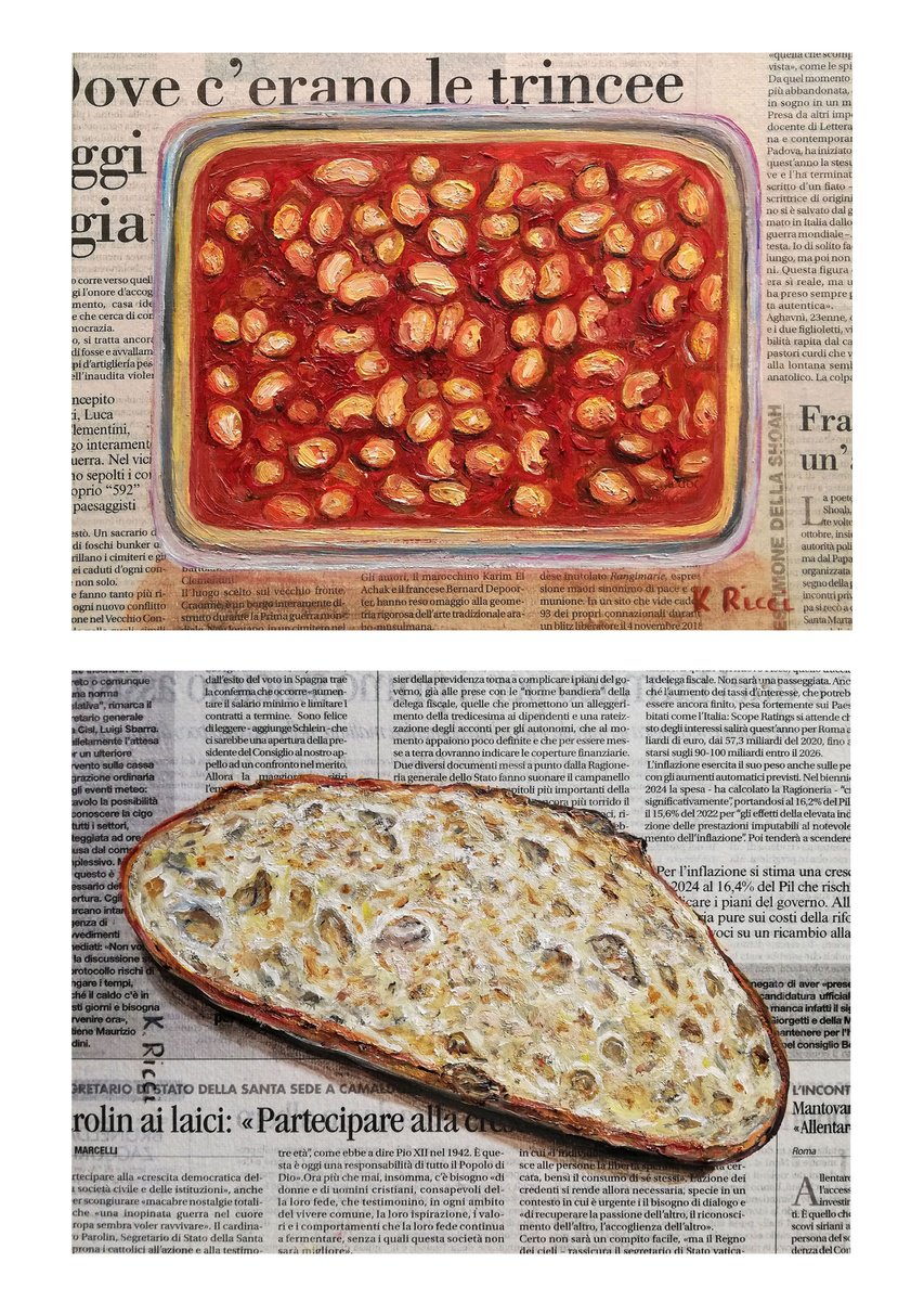 Impressionistic Still Life Oil Painting By Katia Ricci, 7 X 9", Beans And Bread On Gazette, Original Artwork