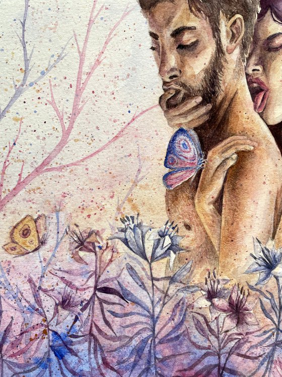 Fantasy love watercolor illustration of couple in magic garden