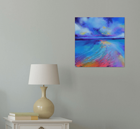 New Horizon 166 - 40x40 cm, Colourful Seascape, Sunset Painting, Impressionistic Colorful Painting, Large Modern Ready to Hang Abstract Landscape, Pink Sunset, Sunrise, Ocean Shore