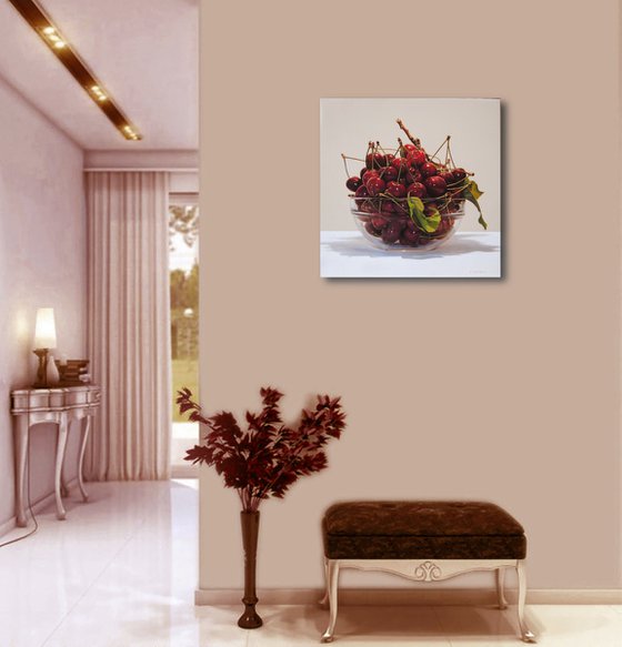 Still life with cherries , Original oil on canvas painting