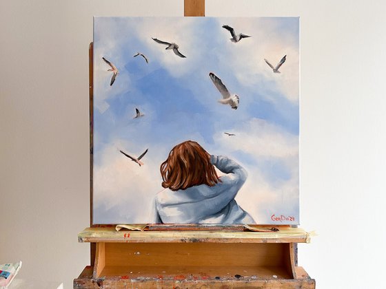 Girl and Flying Birds - Female Portrait Sky Painting