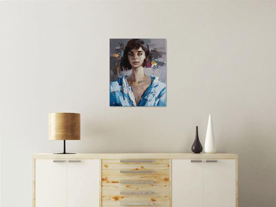 Girl in white - textured portrait - Original oil female portrait painting