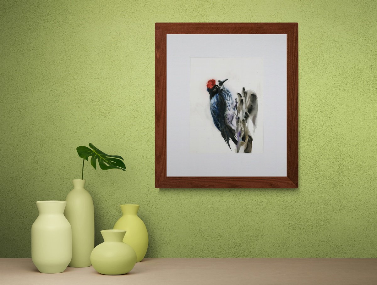 Expressive Animal Watercolour By Alfred Ng, 10 X 13, Red Headed Wookpecker, Original Artwork