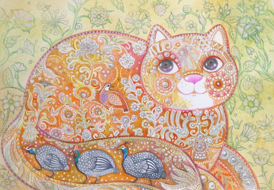 Embroidered Cat in a Secret Garden