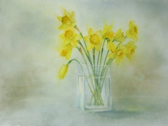 Yellow Daffodils in Glass Vase