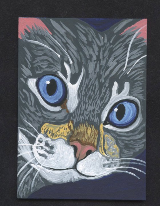 ACEO ATC Original Miniature Painting Gray Tabby Cat Pet Feline Art-Carla Smale