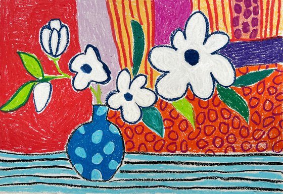 White Flowers in Blue Vase