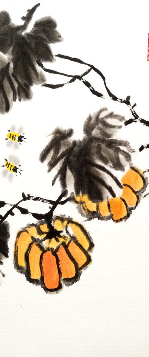 Two pumpkins and two bees - Pumpkin series No. 04 - Oriental Chinese Ink Painting by Ilana Shechter