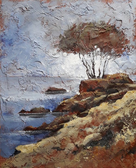 Tree on the seashore. Texture painting