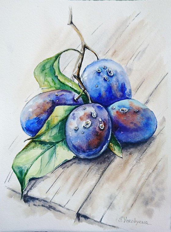 Plums. Watercolor painting on paper. Still life. Original artwork