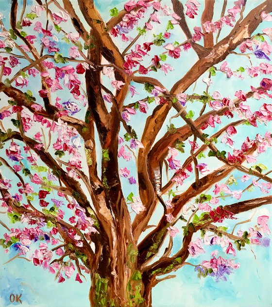 Apple blossom, tree near Bethnal Green, spring in London white, pink, turquoise ready to hang oil painting