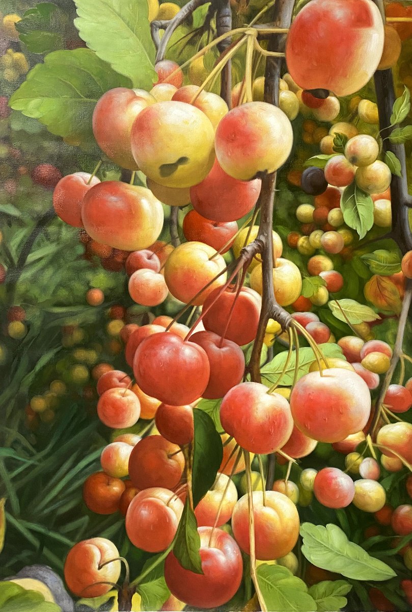 Photorealistic Still Life Oil Painting By Kunlong Wang, 24 X 35", Still Life:apples On The Trees T191, Original Artwork