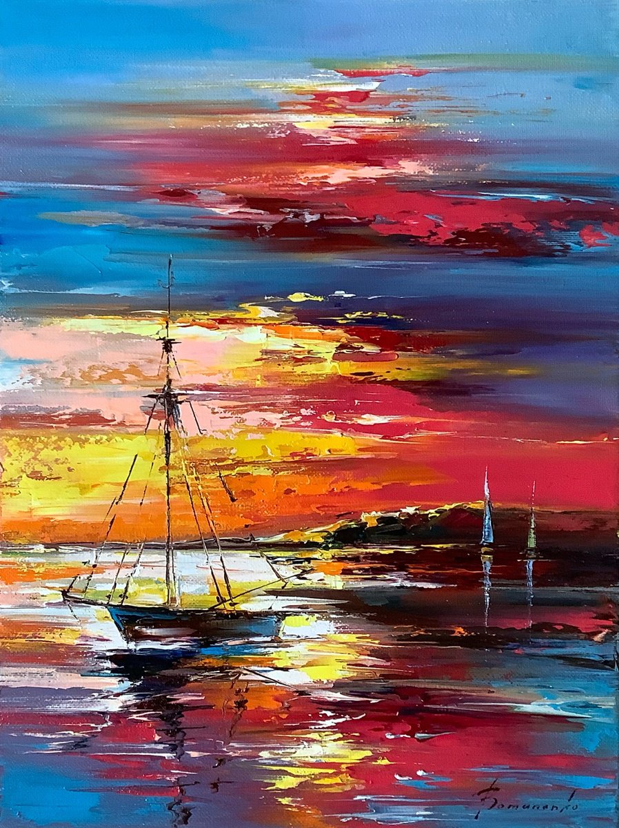 Impressionistic Landscape Oil Painting By Olena Romanenko, 12 X 16", Sea Dawn, Original Artwork