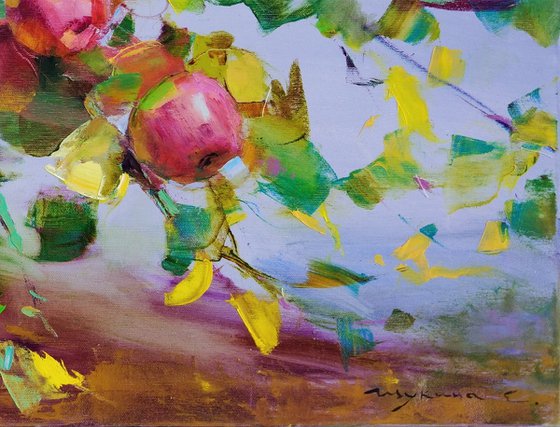 Apple branches against the sky . 50x70 cm. Fruit Gifts of autumn . Original oil painting