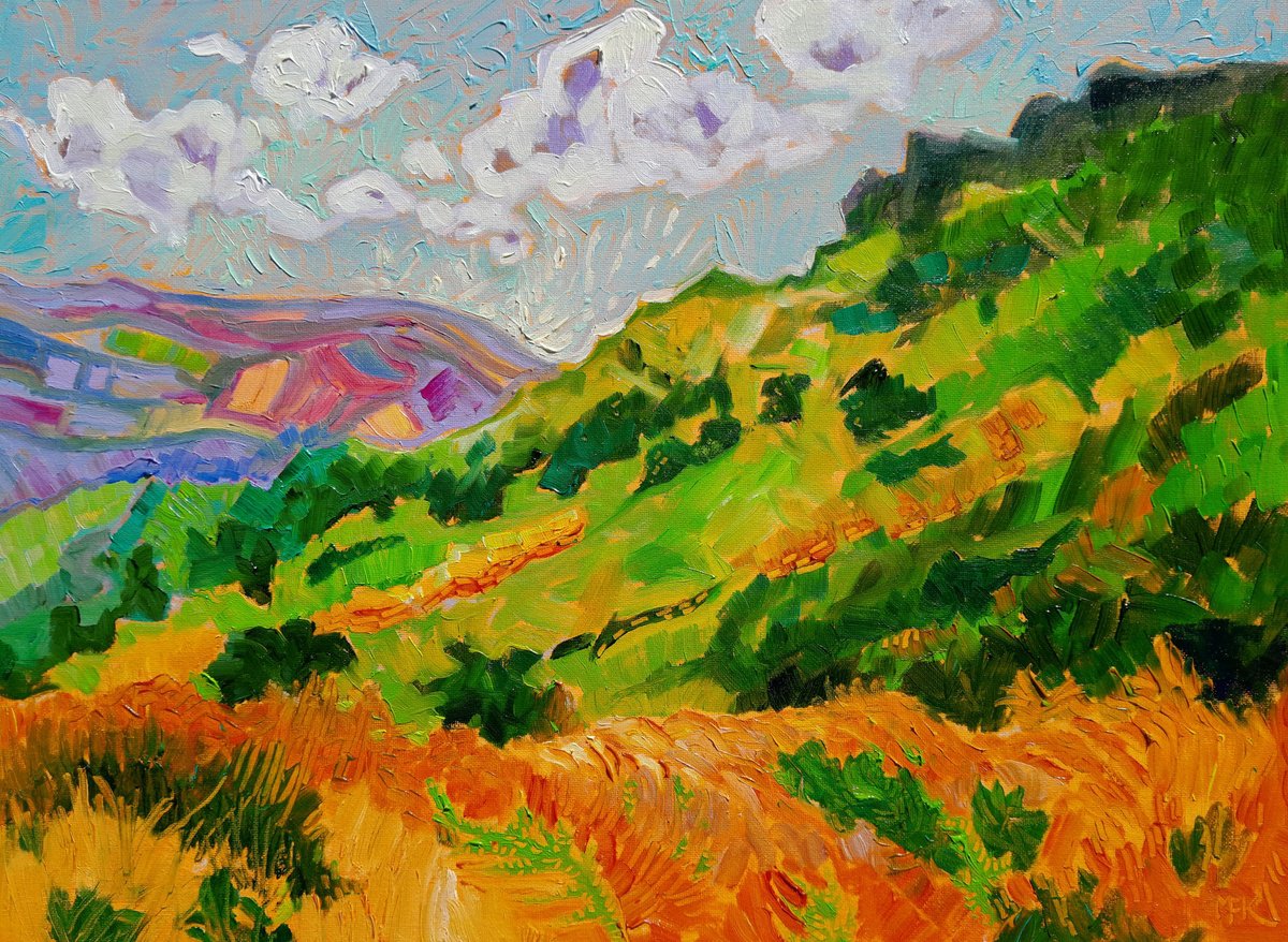 Impressionistic Landscape Oil Painting By Mary Kemp, 17 X 13", Against The Sky Cumbar Edge, Original Artwork