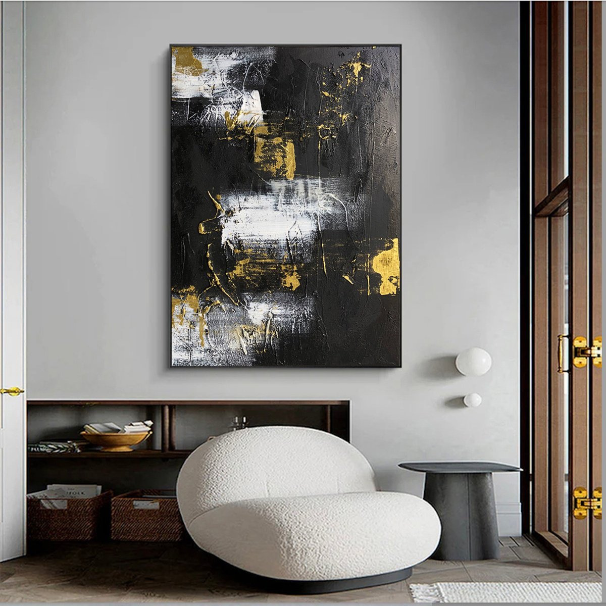Abstract Acrylic Painting By Indie Ru, 39 X 47, Abstract Black And Gold, Original Artwork