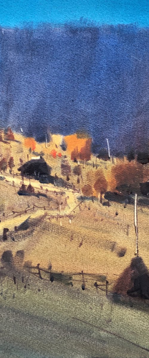 Watercolor autumn landscape in Carpathian by Andrii Kovalyk