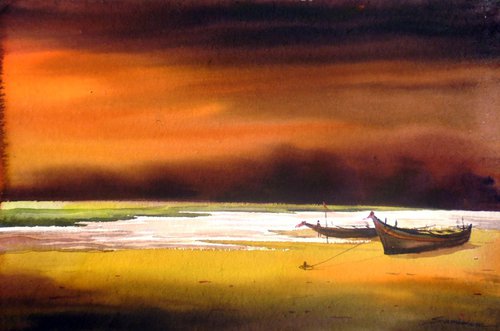 Stormy Day & Fishing Boats-Watercolor painting by Samiran Sarkar