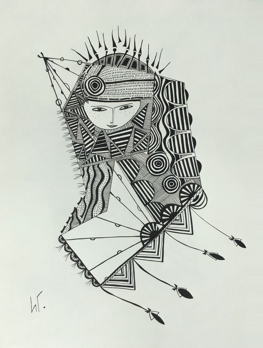 Naive Portrait Ink Drawing By Irina Goleva, 12 X 16, Universe Flight, Original Artwork