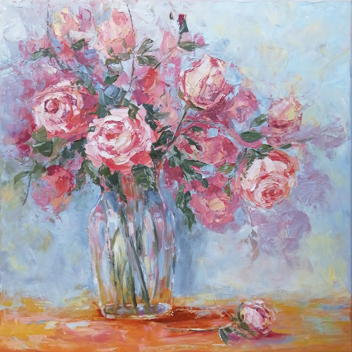 ROSES IN A JAR, 60x60cm, blooming roses oil floral still life painting by Emilia Milcheva