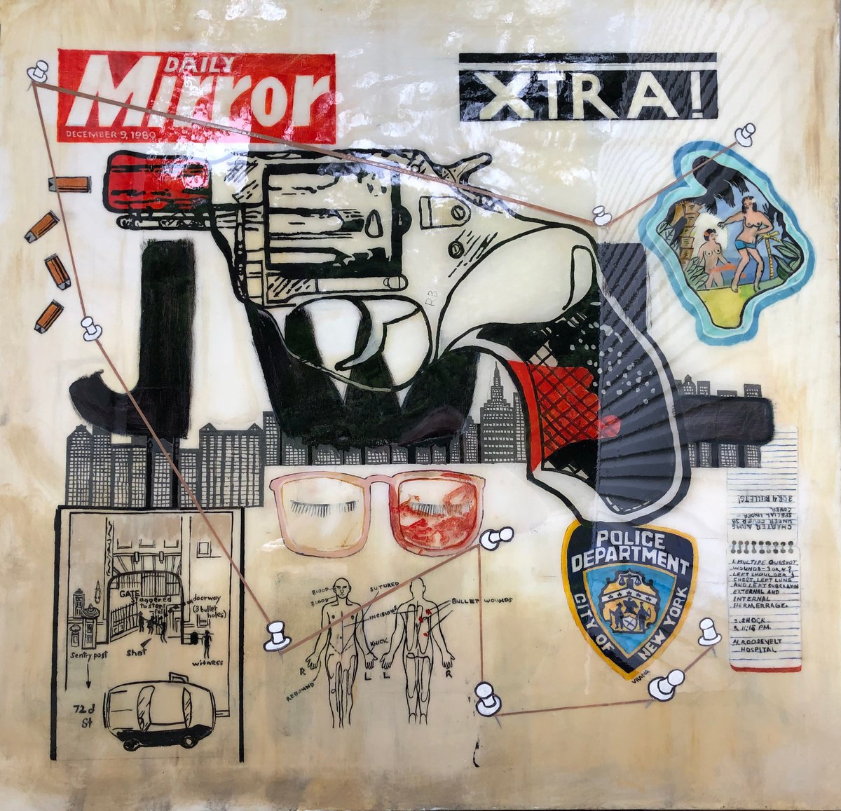 Urban And Pop Still Life Oil Painting By Ken Vrana, 48 X 48", Murder Of A Rock Star, Original Artwork