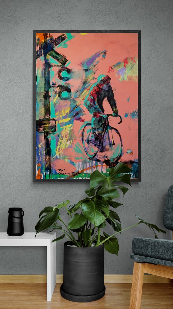 Bright painting - "City cyclist" - Urban Art - Pop Art - Bicycle - Street Art - Pink&Green - City - Street scene