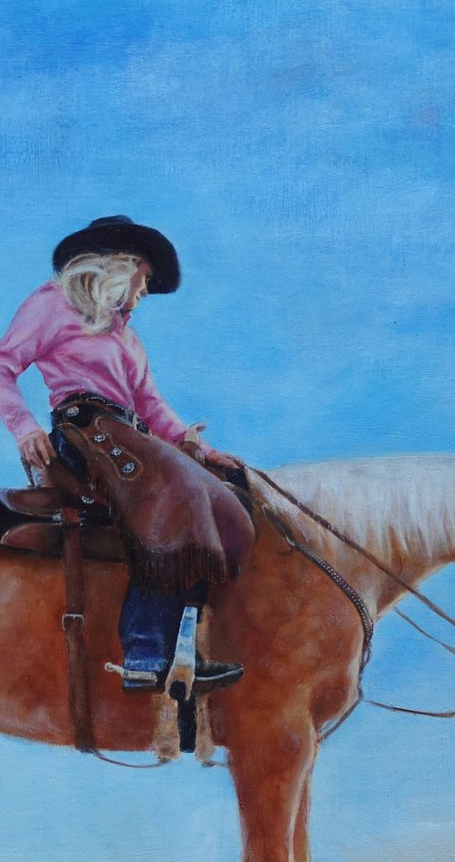 Western art, cowgirl and palomino, stunning detail, original oil ,"Turquoise and Gold", 16 X 20 " unframed by Sarah Kennedy