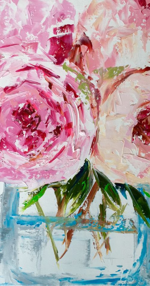 Pink Peonies in a glass Vase- oil on canvas 24"x30" by Emma Bell